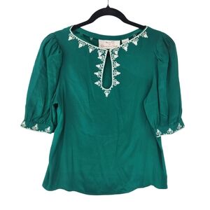 Miss D By Oscar de la Renta Emerald Silk Blouse White Embroidery Vintage 8